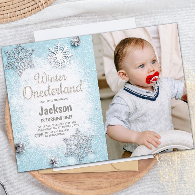 Customizable Winter Wonderland Party Invitations (Blue Photo Glitter Winter ONEderland Invitations)