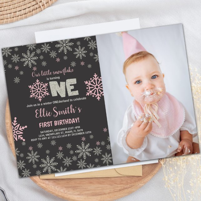 Customizable Winter Wonderland Party Invitations (Pink Photo Glitter Onederland Birthday Invitations)