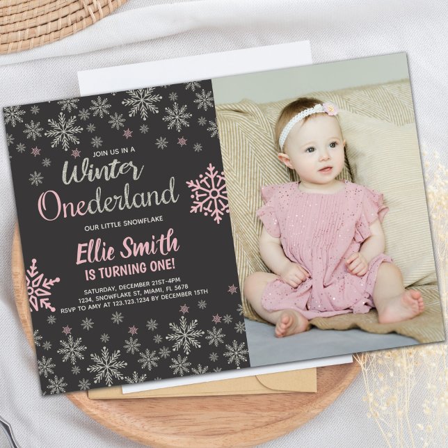 Customizable Winter Wonderland Party Invitations (Winter Onederland Birthday Invitations with photo)