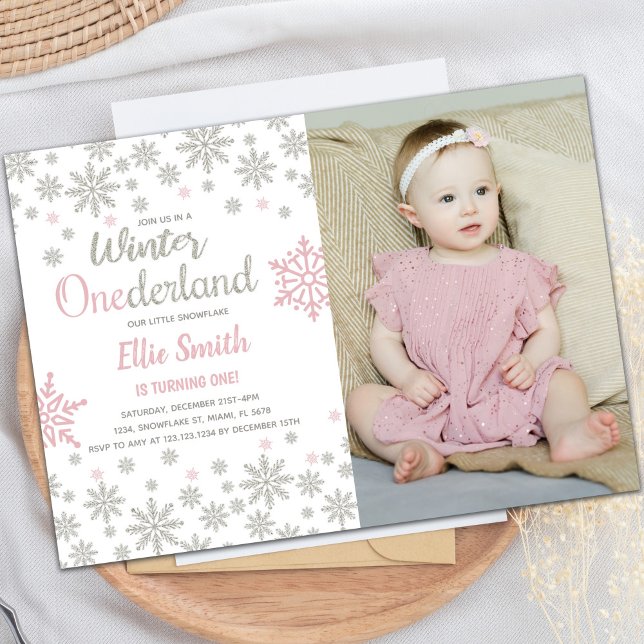 Customizable Winter Wonderland Party Invitations (Pink Photo SnowFlake Winter Birthday Onederland Invitation)