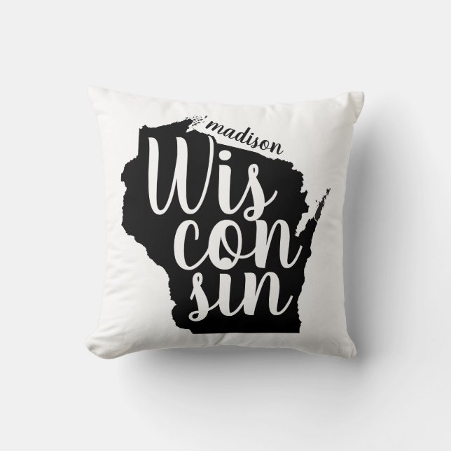 Customizable Wisconsin State and City Throw Pillow (Front)