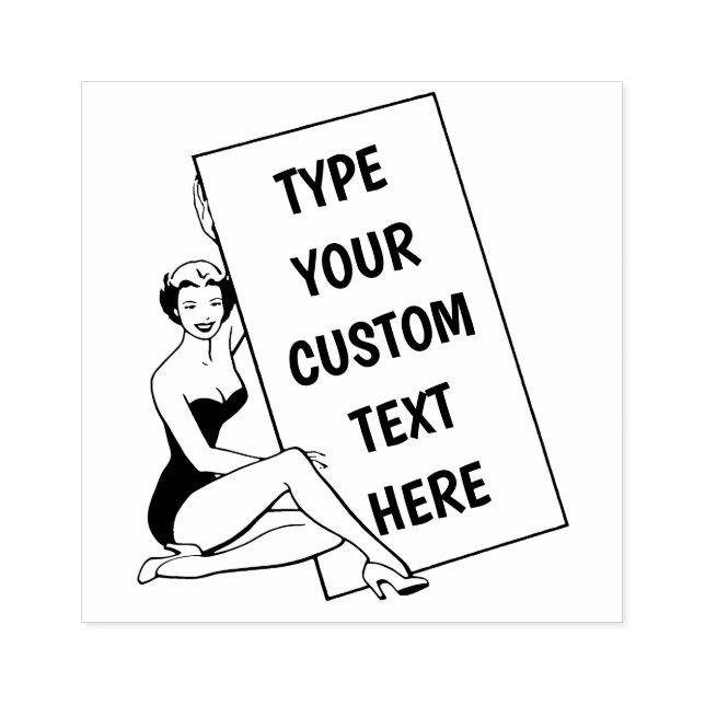 Customizable Woman Holding Blank Sign Rubber Stamp (Imprint)