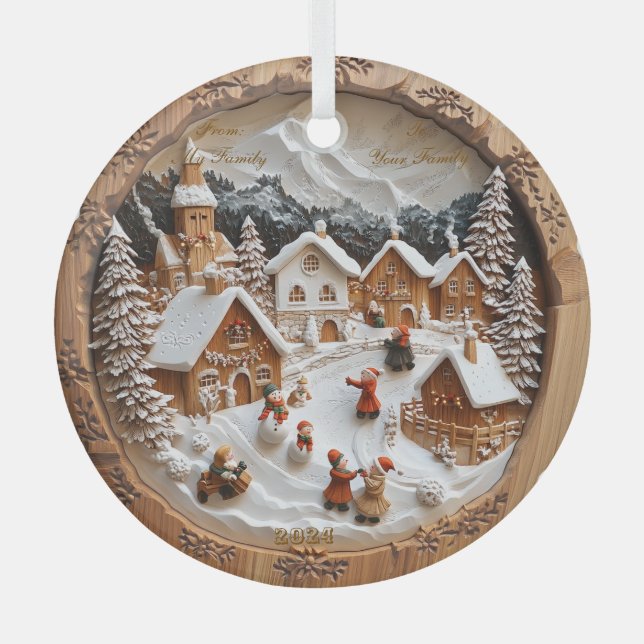 Customizable "Wood carved" Christmas  Glass Ornament (Front)