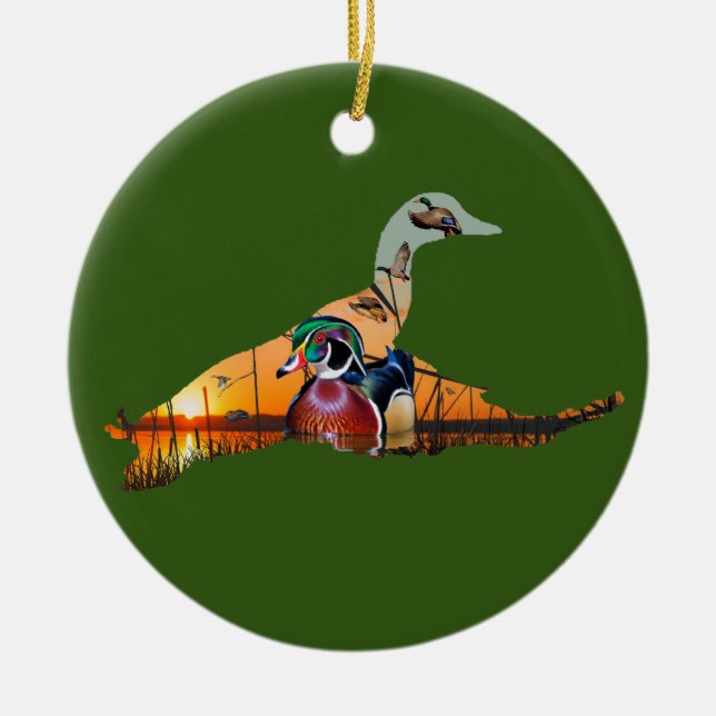 Customizable Wood Duck Ornament, Flying Mallard Ceramic Ornament (Front)