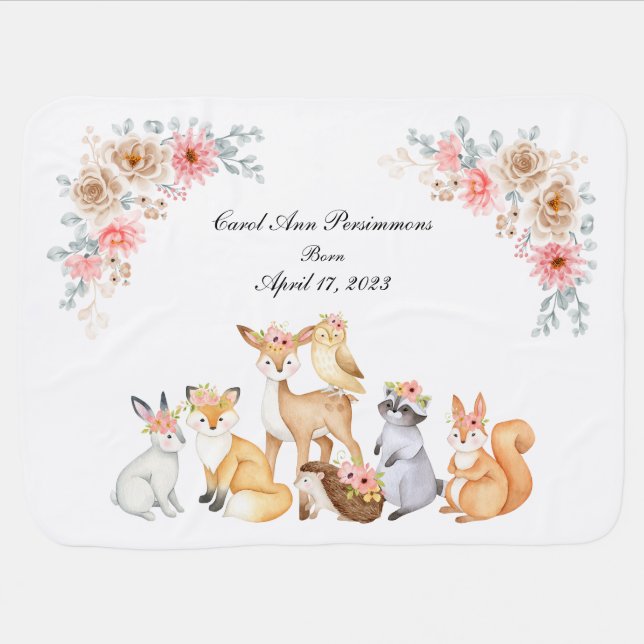 Customizable Woodland creatures girls Baby Blanket (Horizontal)