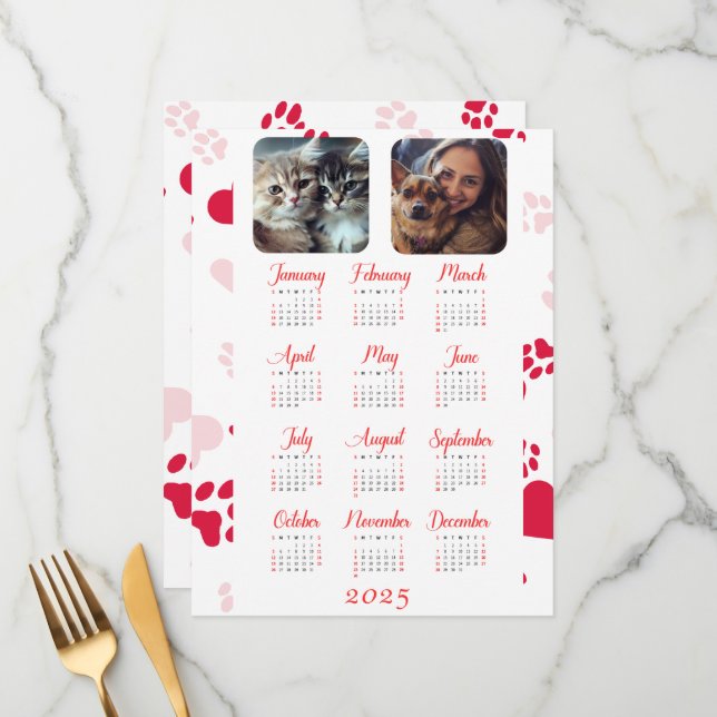 Customizable Yearly Calendar with Red Paw Prints (Front/Back In Situ)