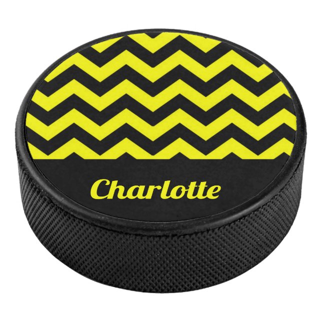 Customizable yellow and black chevron pattern hockey puck (3/4)