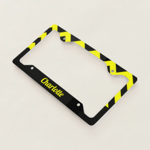 Customizable yellow and black chevron pattern license plate frame