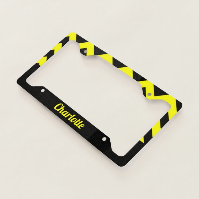 Customizable yellow and black chevron pattern license plate frame (3/4)