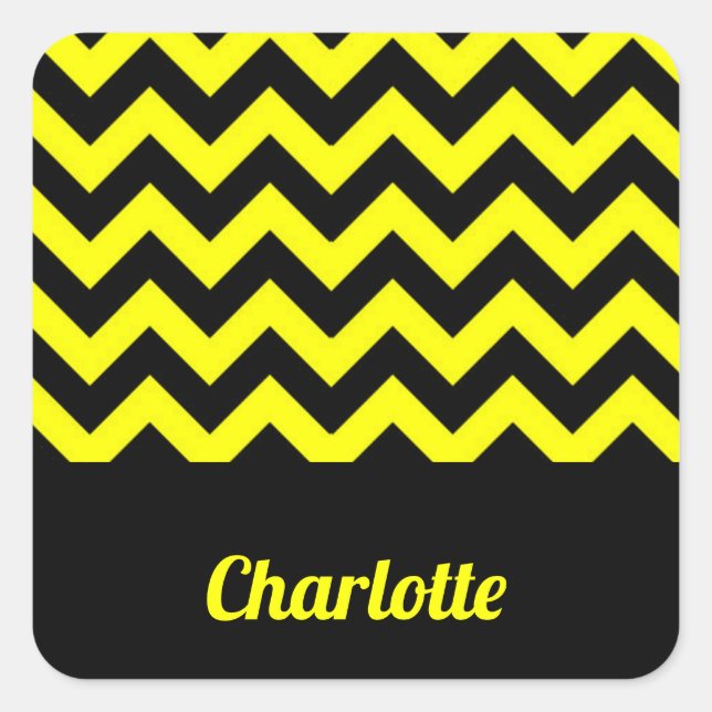 Customizable yellow and black chevron pattern square sticker (Front)