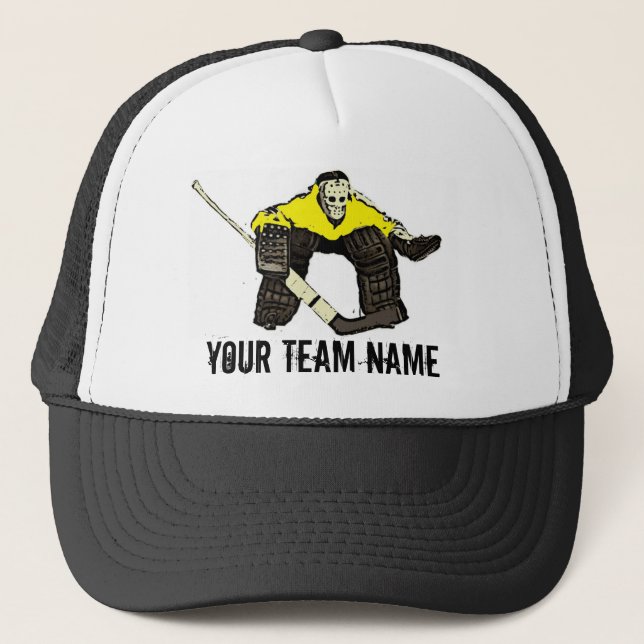 Customizable yellow hockey goalie team name hat (Front)