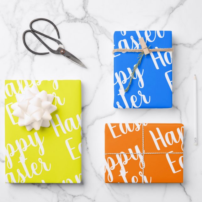 Customizable Yellow Orange Blue Happy Easter  Wrapping Paper Sheets (Front)