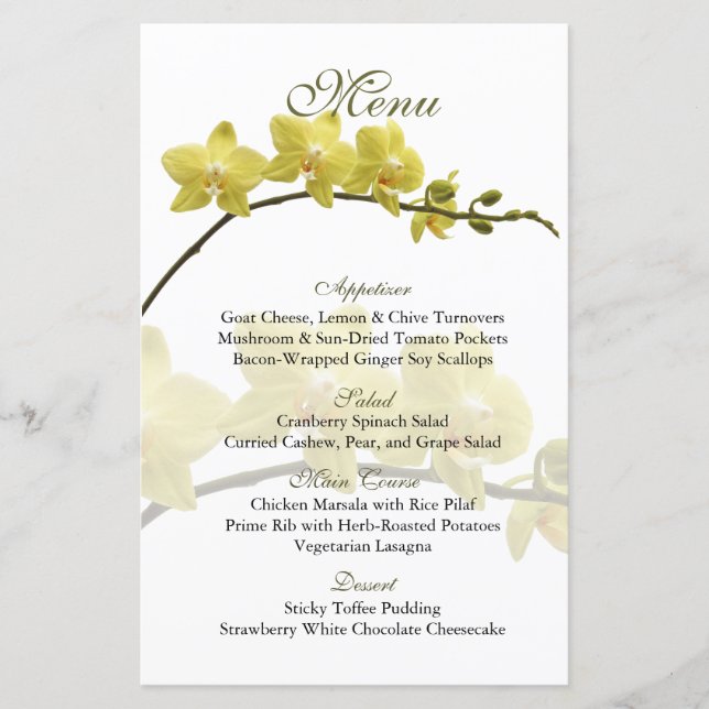 Customizable Yellow Orchids Wedding Menu Card (Front)