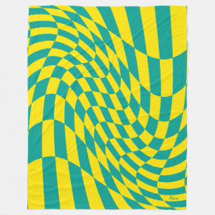 Customizable Yellow Teal Warped Checkered Illusion Fleece Blanket