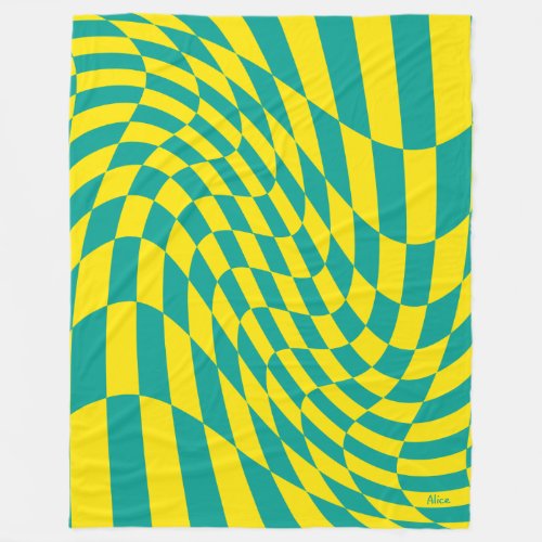 Customizable Yellow Teal Warped Checkered Illusion Fleece Blanket