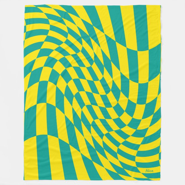 Customizable Yellow Teal Warped Checkered Illusion Fleece Blanket (Front)