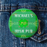 Customizable Your Name Irish Pub Green Button<br><div class="desc">Create your own custom Irish pub home bar design using this template. The design is made to look like old green wood with plenty of vintage flourishes in shades of green, white, orange and gold. There are also five shamrocks / clovers in the design. It can be personalized with your...</div>