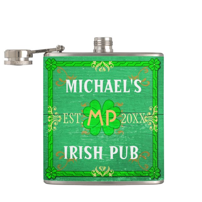 Customizable Your Name Irish Pub Green Flask (Opened)