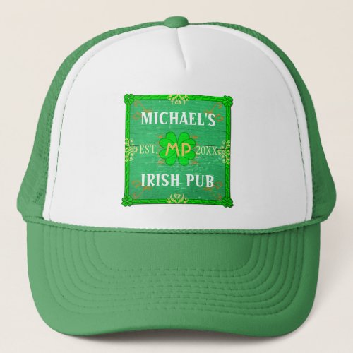 Customizable Your Name Irish Pub Green Trucker Hat