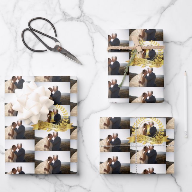 Customize 1st Anniversary Wedding Photo With Gold Wrapping Paper Sheets (Front)