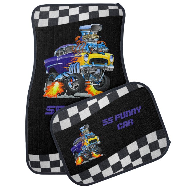 Customize 55 Funny Car Racing Flags Drag Race Car Floor Mat (Set)