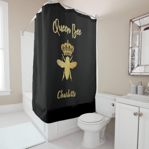 Customize Aesthetic QUEEN BEE Gold  Black Modern  Shower Curtain