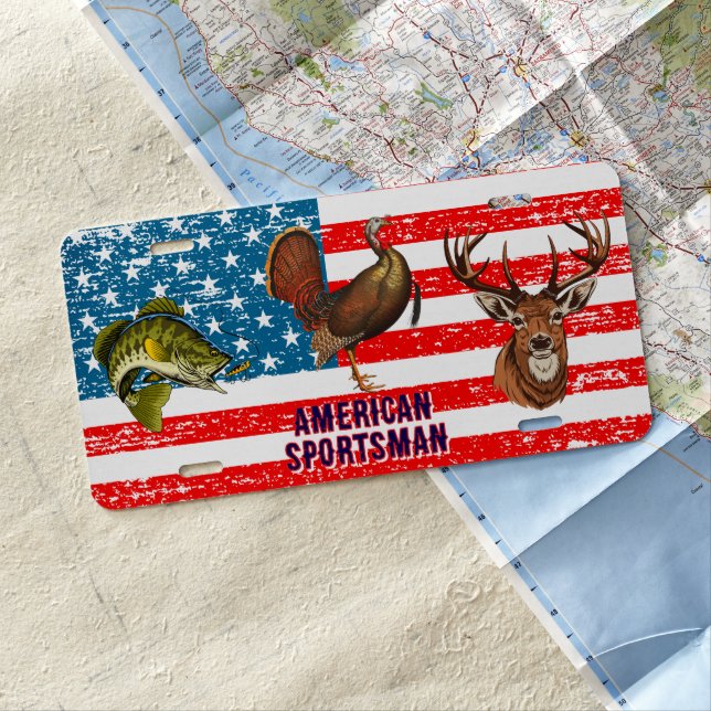 Customize American Patriotic Sportsman Bass Deer  License Plate (In Situ)