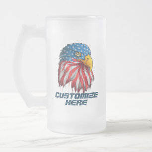 Customize American Patriotic USA Flag Bald Eagle Frosted Glass Beer Mug