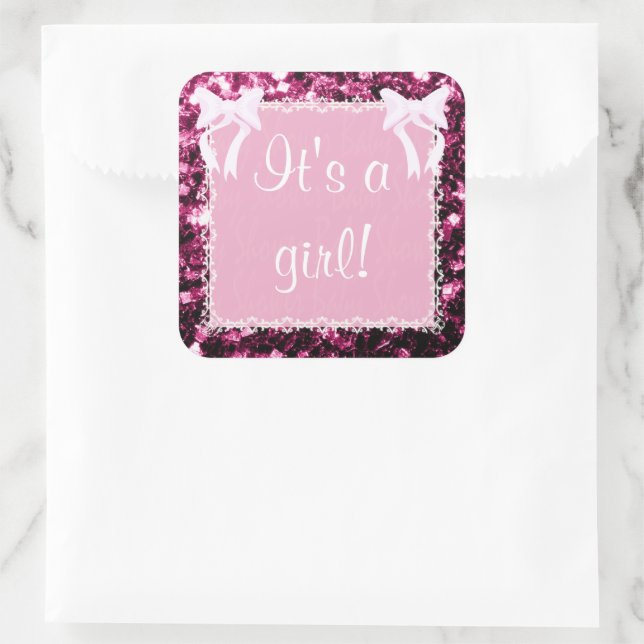 Customize Baby Girl Shower pink sparkles Square Sticker (Bag)
