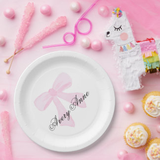 Customize baby shower pink bow paper plates
