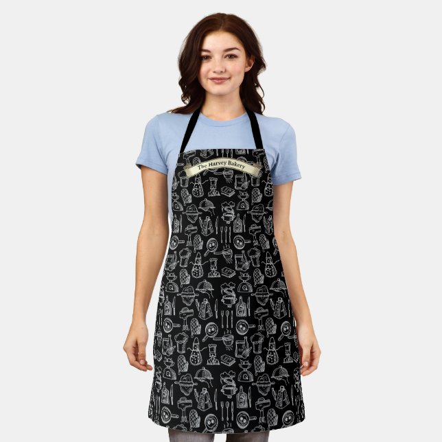 Customize Bakery Kitchen Symbols Pattern Black  Apron (Worn)