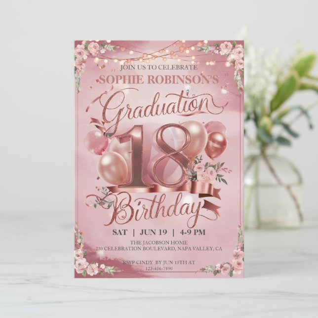 Customize Balloons Flower Graduation 18th Birthday Invitation (Standing Front)