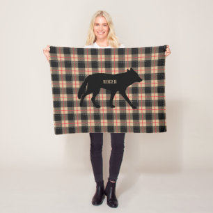 Customize Beige Buffalo Plaid Wild Coyote Dog Fleece Blanket