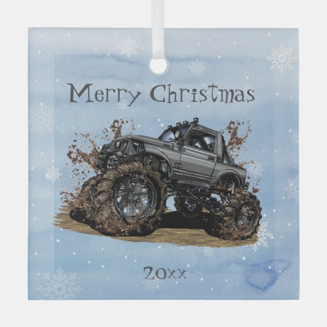 Customize Big Monster truck Off Road Adventure   Glass Ornament (Front)
