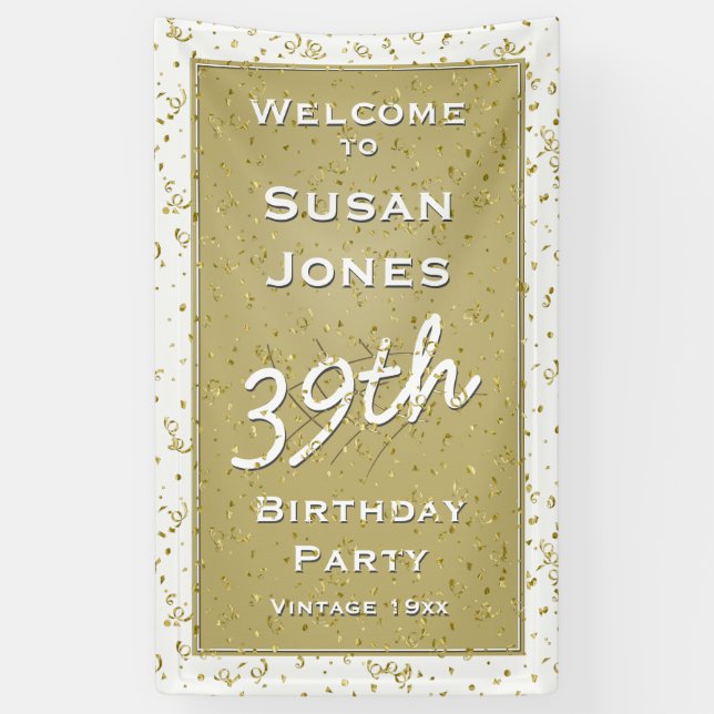 Customize Birthday Age - White/Gold Over-the-hill Banner (Vertical)
