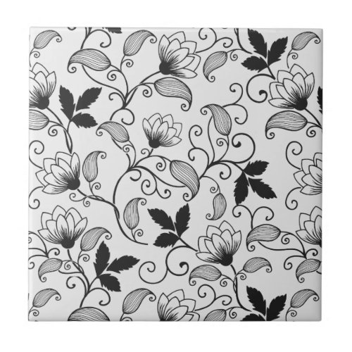 Customize Black Floral Pattern Ceramic Tile