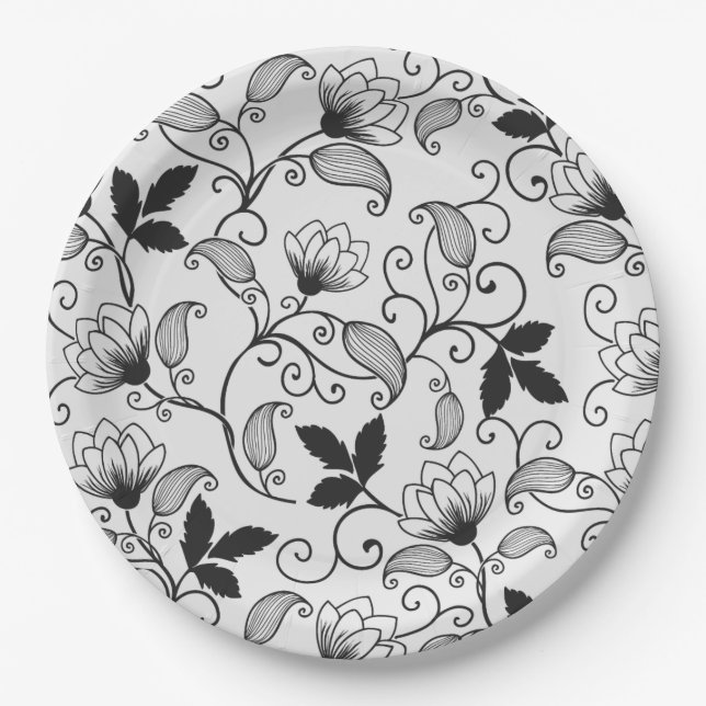 Customize Black Floral Pattern Paper Plates (Front)