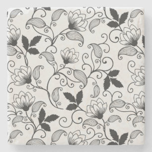 Customize Black Floral Pattern Stone Coaster