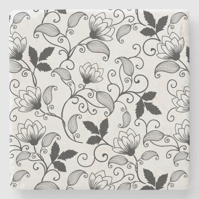 Customize Black Floral Pattern Stone Coaster (Front)