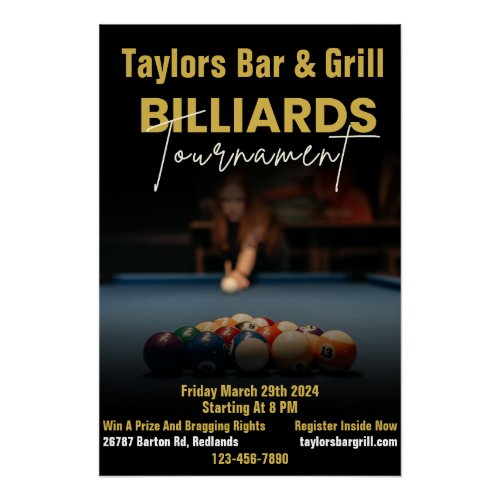 Customize Black Modern Billiards Tournament Bar  Poster