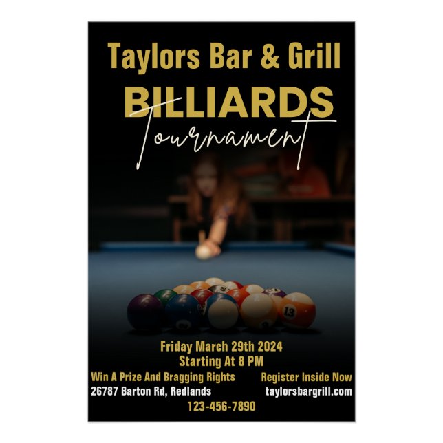 Customize Black Modern Billiards Tournament Bar  Poster (Front)