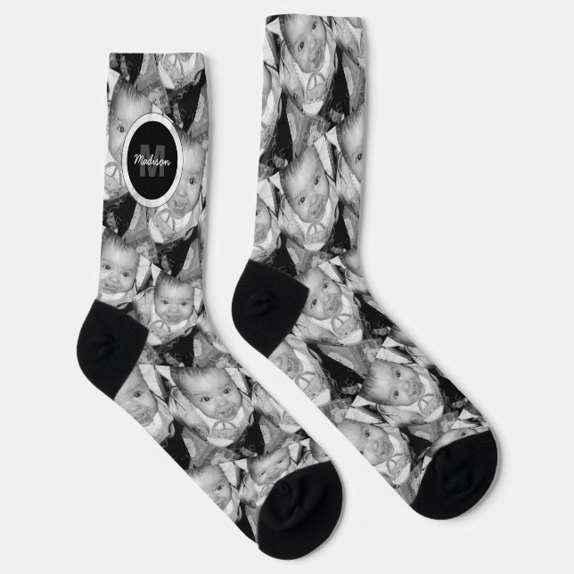Customize Black White two custom photo Monogram Socks (Right)