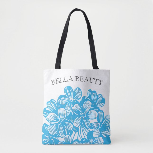 Customize Blue Botanical Hydrangea Flower Blossoms Tote Bag (Front)