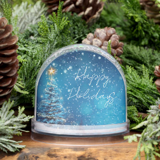 Customize: Blue Happy Holidays Xmas Tree Snow Globe