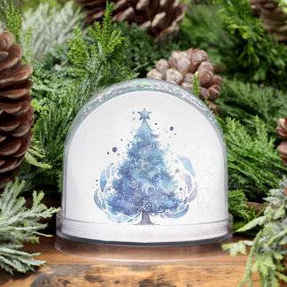 Customize: Blue Watercolor Xmas Tree Snow Globe
