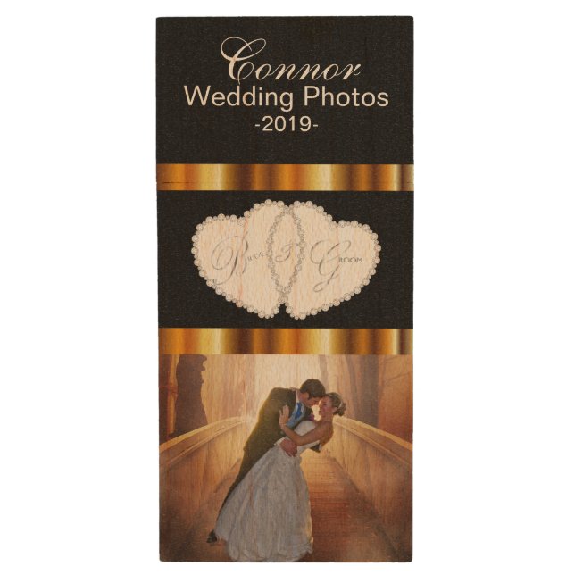 Customize Bride and Groom Wedding Photo Design Wood Flash Drive (Front Vertical)
