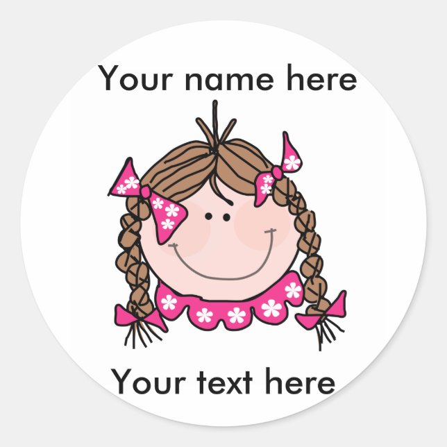 Customize Brunette Girl Braids Classic Round Sticker (Front)