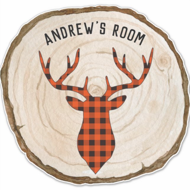 Customize Buffalo Plaid Buck Deer Wood Slice Boy's Sticker (Front)