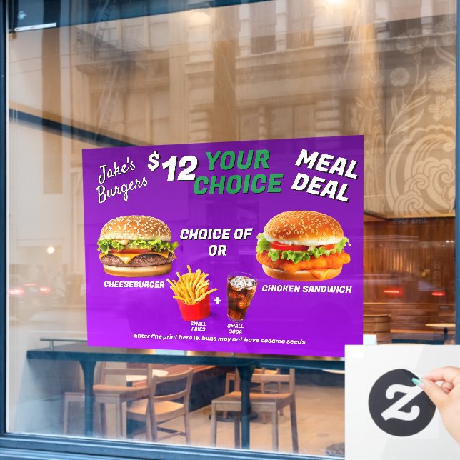 Customize Burger Restaurant Meal Deal Promo  Window Cling (Cafe Window)