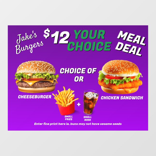 Customize Burger Restaurant Meal Deal Promo  Window Cling (Sheet)